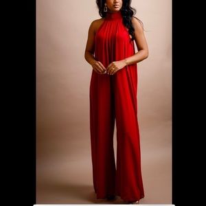 Halter Neck Jumpsuit - Dark Red